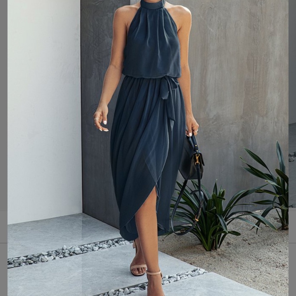 Sleeveless Halter Asymmetrical Midi Dress in Navy